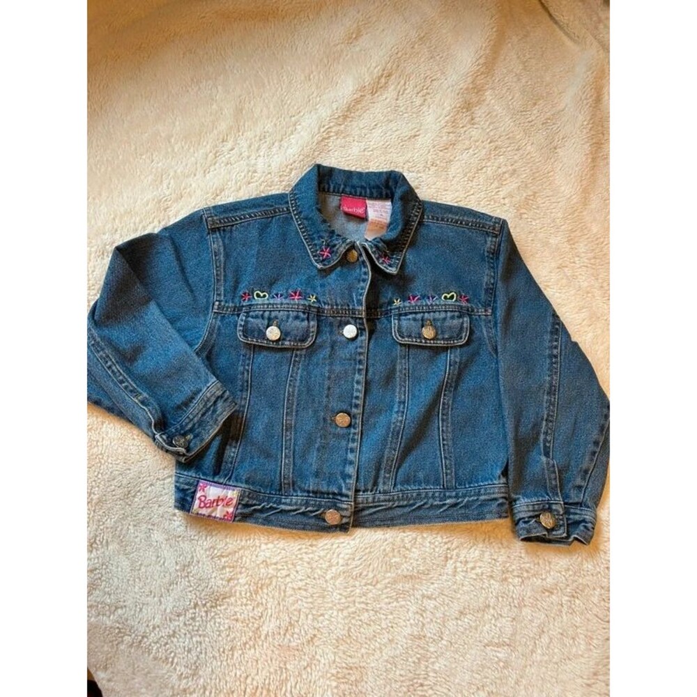 Y2K 1998 Vintage Barbie Denim Jacket Girls 6 Fall School Embroidered